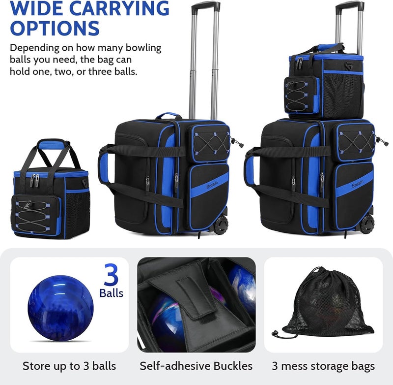BOSSTIN 3 Ball Bowling Bag with Wheels, 2 Ball Bowling Bags Double roller with 1 Ball Add On Bag, Multi-Pockets & Shoe Compartment (Fits Up to Size 15) - Image 2